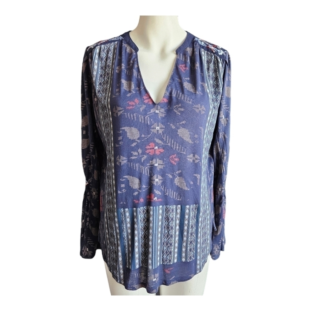 Lucky Brand Womens Blue Embroidered FLARE Sleeve Floral‎ Blouse Sz Med Flirty